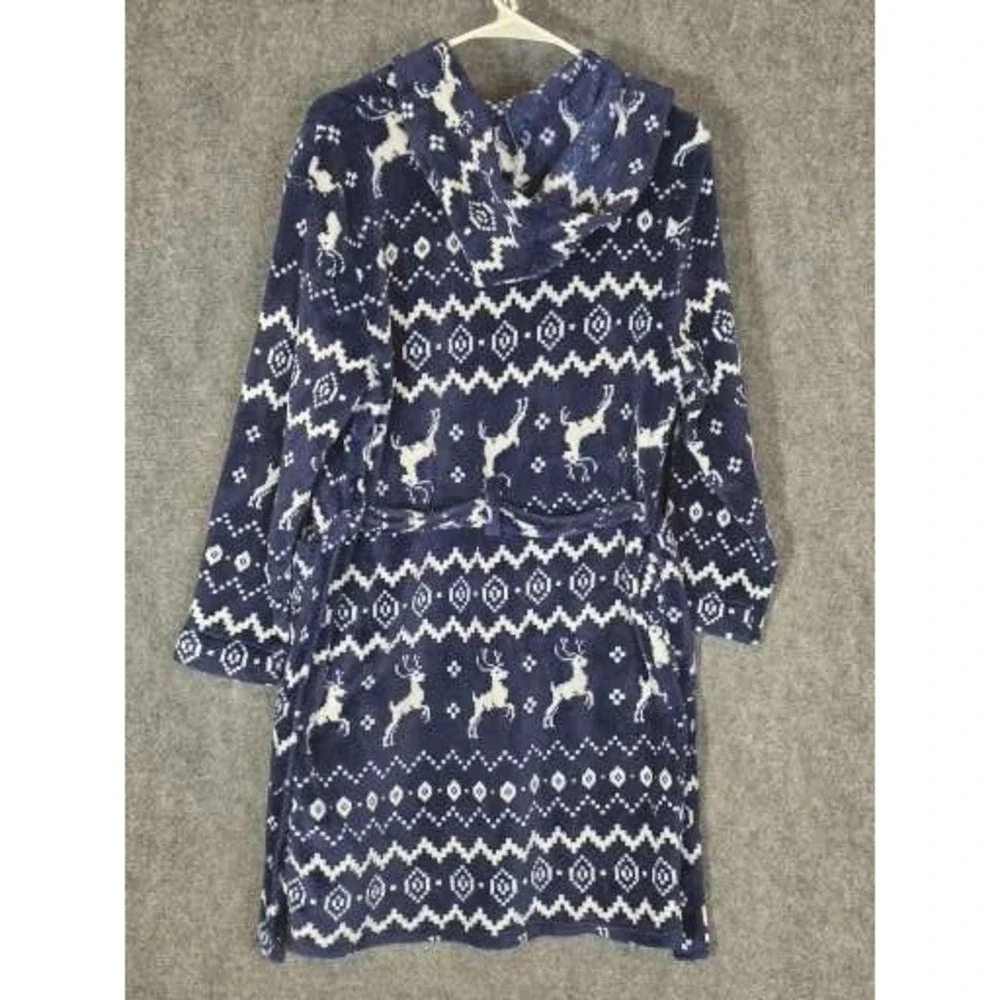 Eddie Bauer Kids Robe Sz L 14/16 Navy Blue White Reindeer Fair Isle Hooded Plush